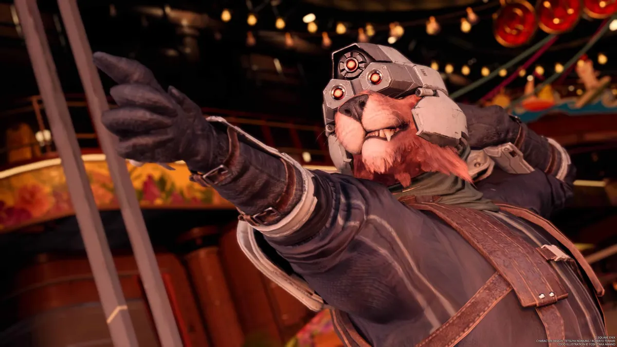 Screenshot of Final Fantasy VII: Rebirth with Red XIII dressed up in a Shinra costume